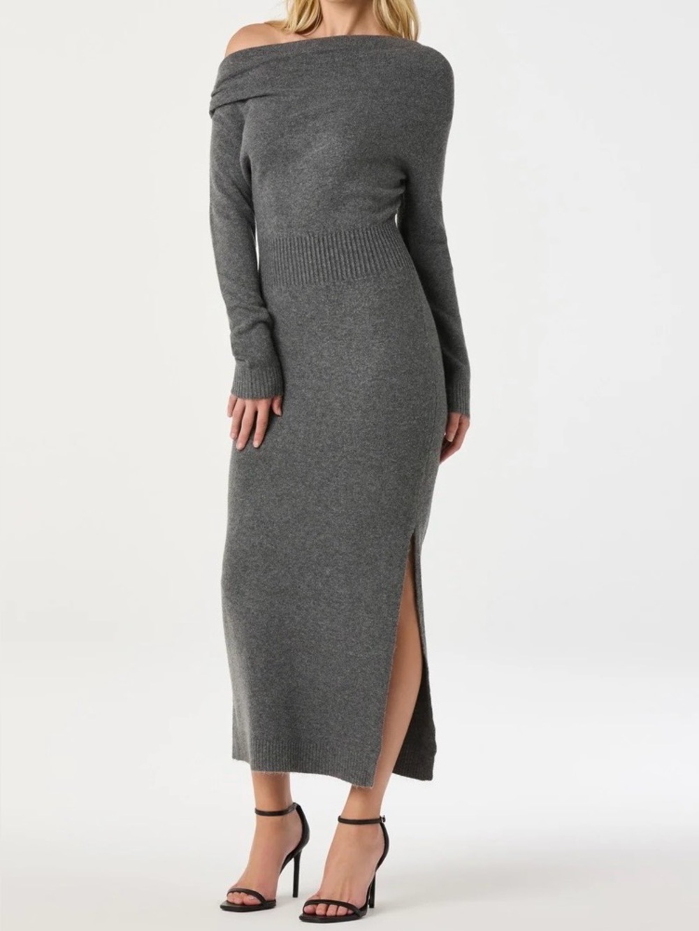 ASTR The Label Off-Shoulder Gray Knit Midi Dress